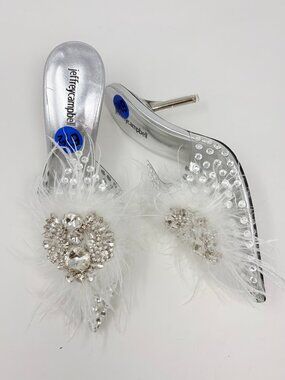 Jeffrey Campbell Fairy Ostrich Feather Crystal Gem Mule Heel Shoe NWT Size 6.5